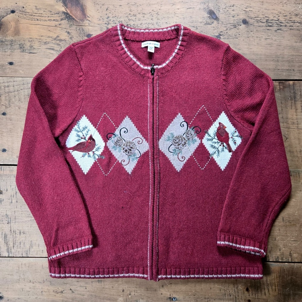 Croft &‎ Barrow Red Cardinal Argyle Zip Front Cardigan Sweater Petite Medium PM
